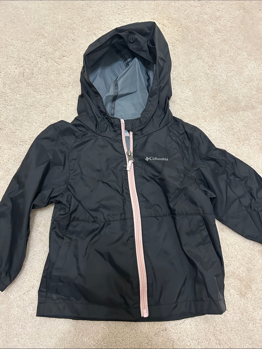 Columbia Kids Black Hooded Raincoat with Pink Zipper
